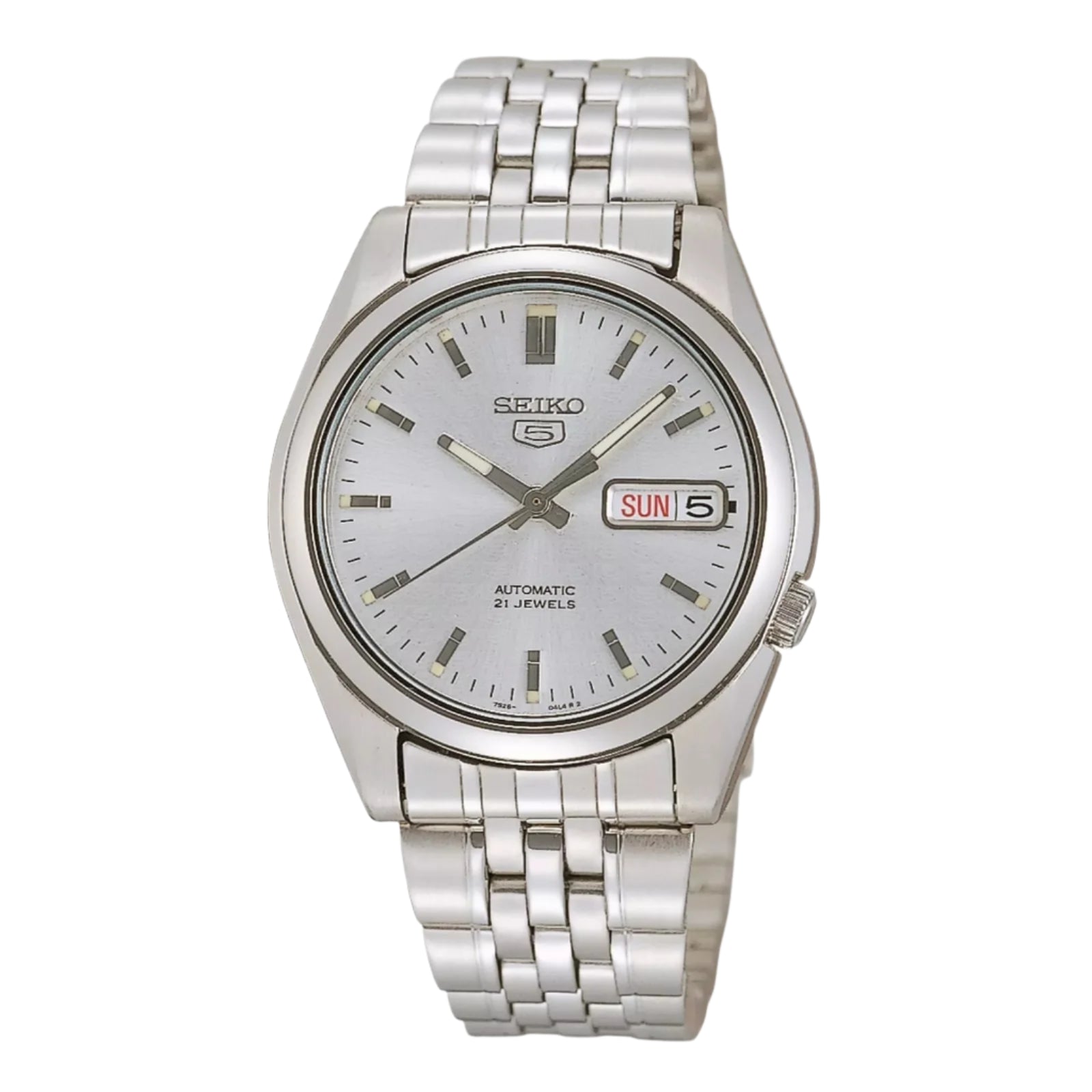 A silver Seiko watch with a stainless steel band and dial.