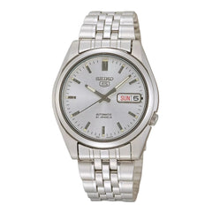 A silver Seiko watch with a stainless steel band and dial.