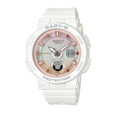 White Casio Baby-G watch with pink accents on a white background