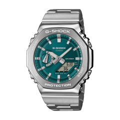 G-Shock watch with silver case and teal face on a white background