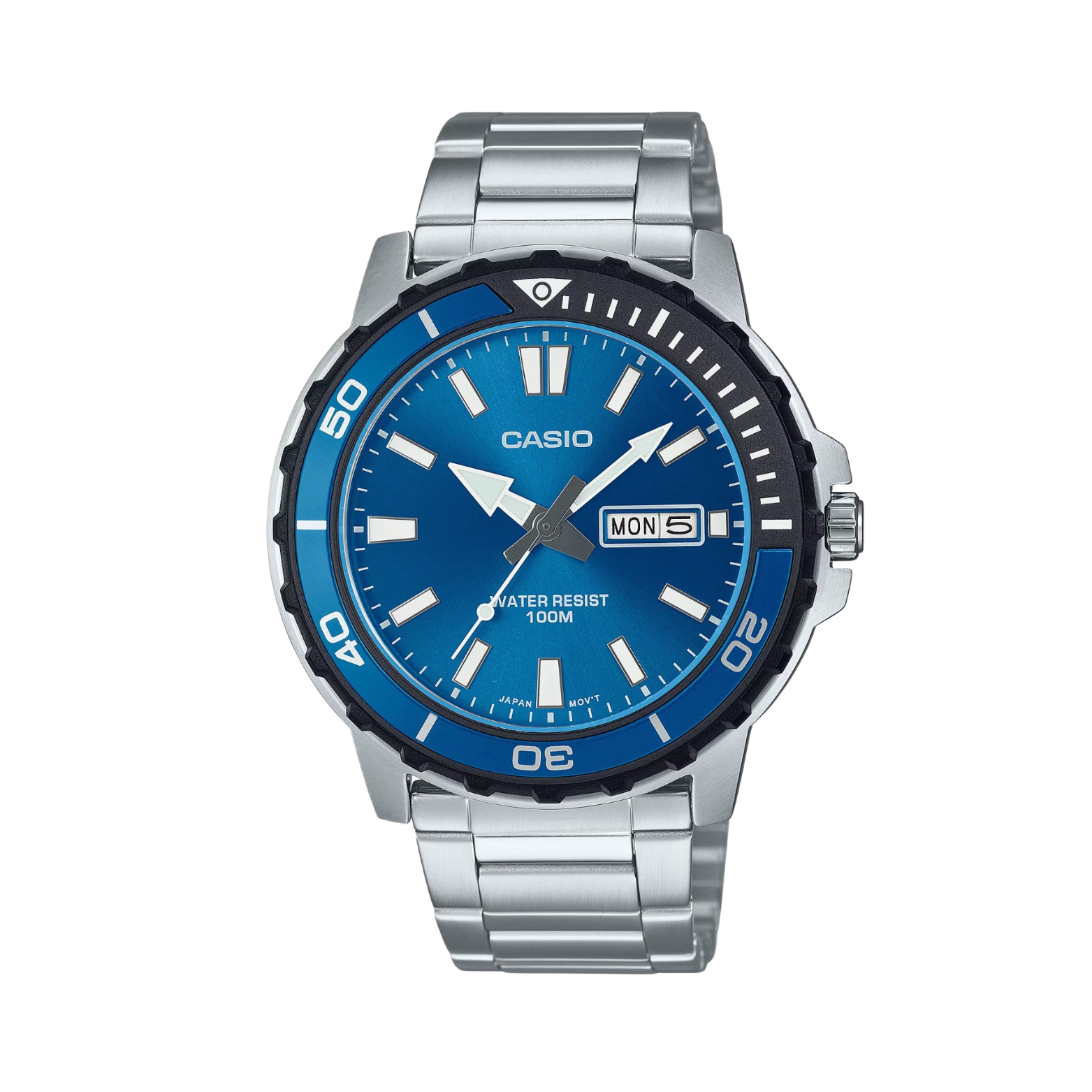 A Casio analog watch with a blue dial and a silver stainless steel band and case.