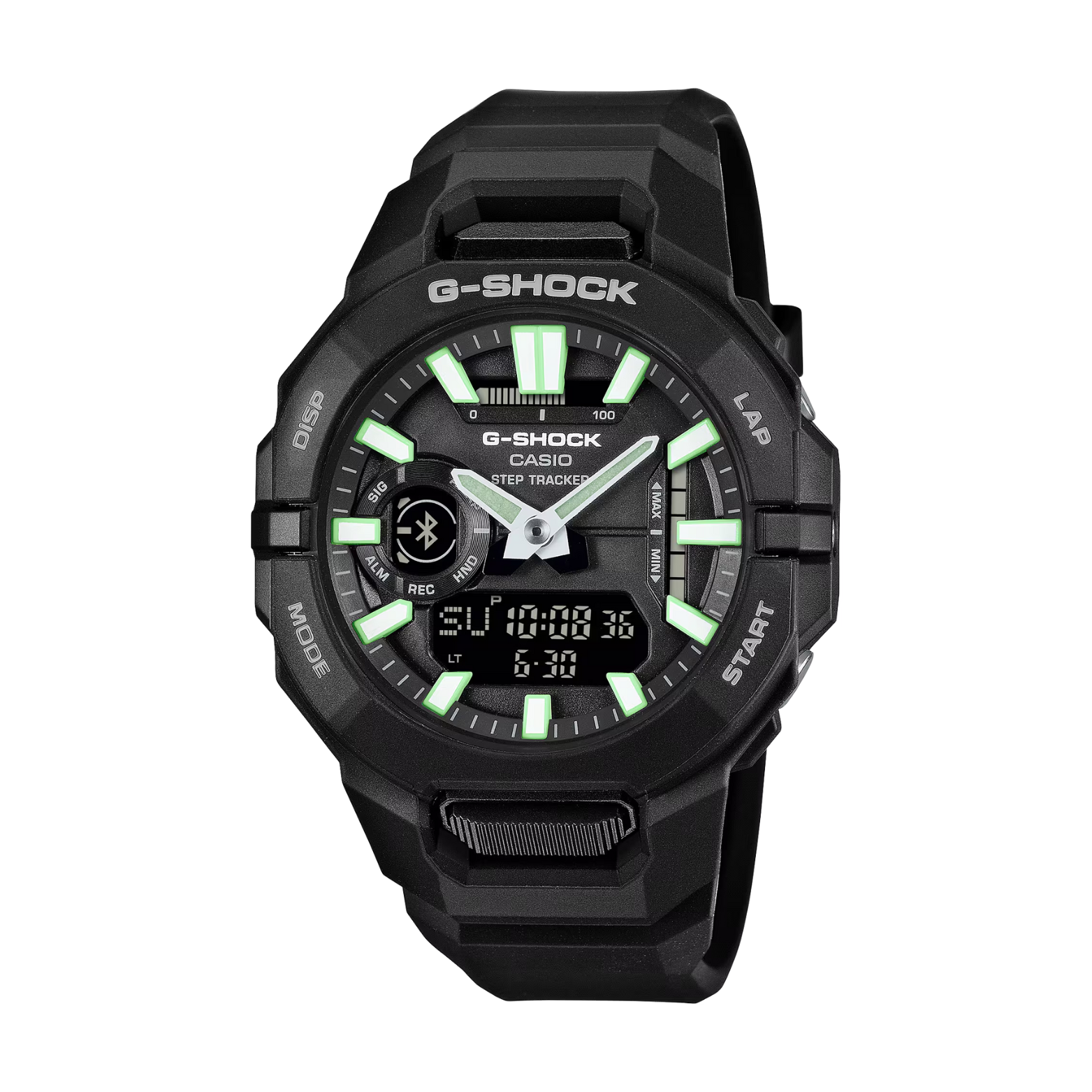 Black G-Shock watch with green digital display on a white background