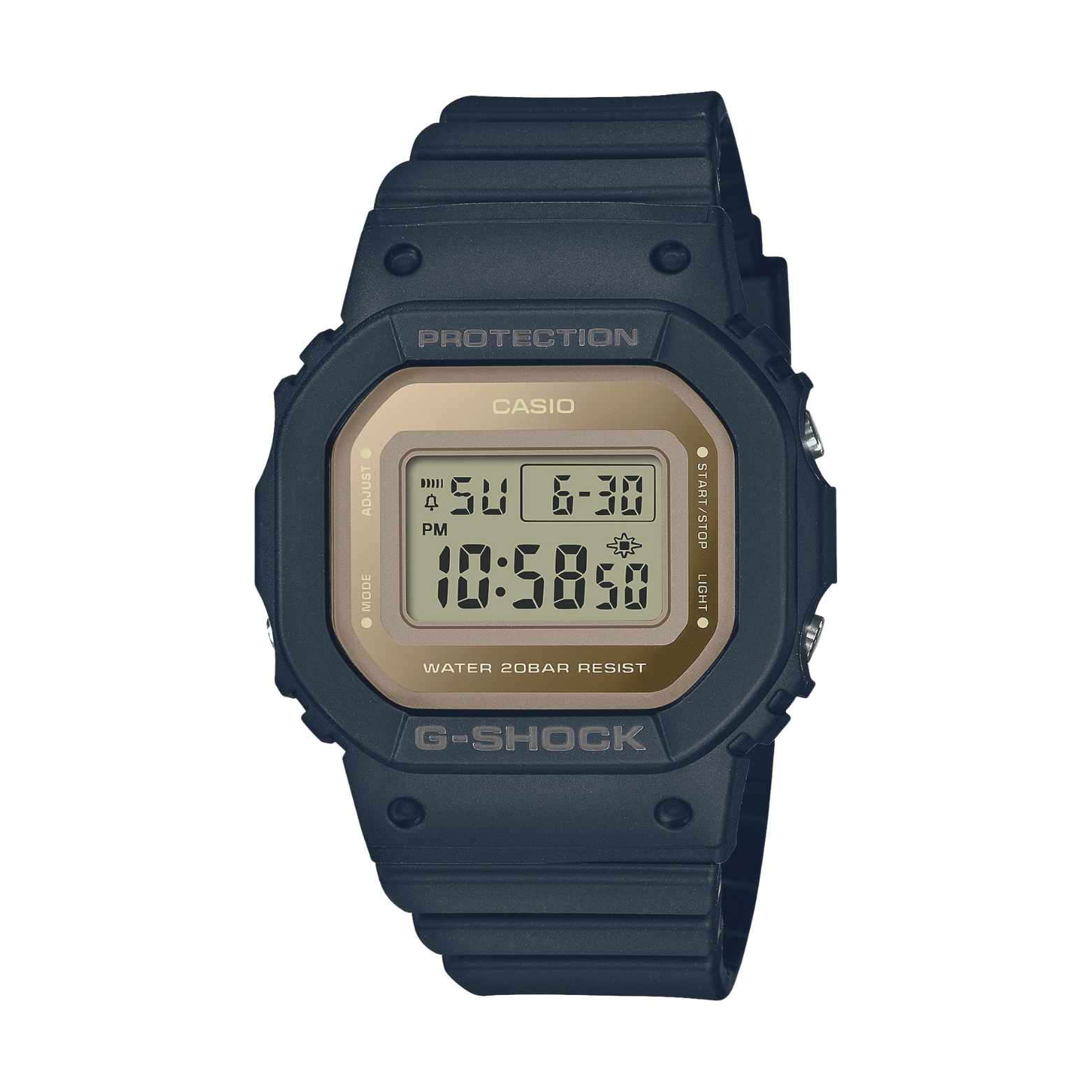A digital CASIO G-SHOCK watch with a black band and casing, displaying a digital screen showing time and various watch features.
