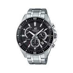 A Casio Edifice analog watch with a black dial and silver stainless steel band and casing.
