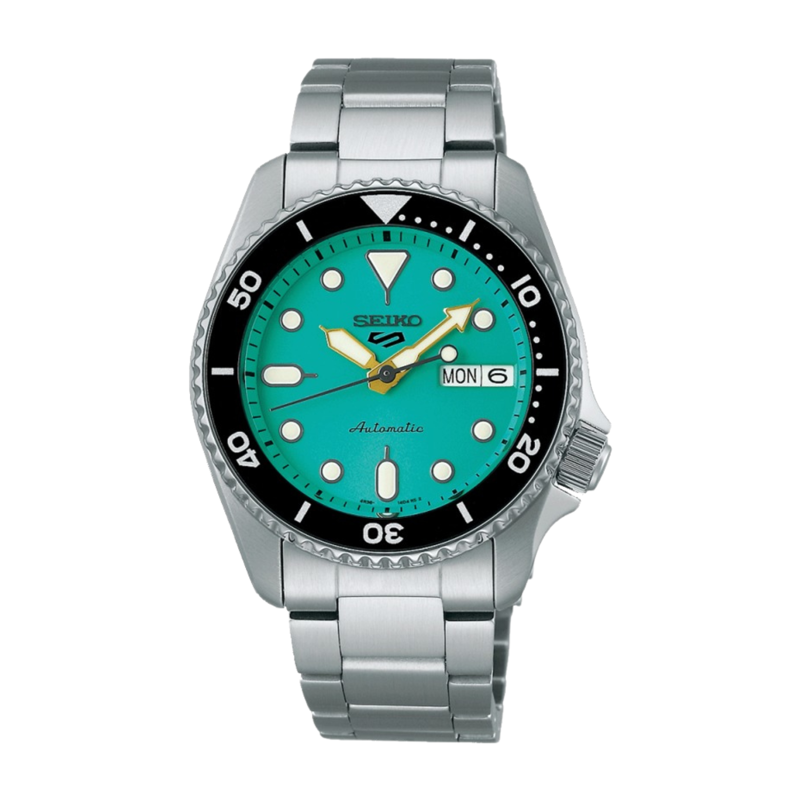 A Seiko SRPK33K1 watch with a turquoise dial, silver stainless steel bracelet, and a black casing. The watch has a round shape and displays features such as day-date indication and luminous hands.