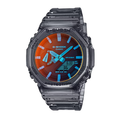 A CASIO G-SHOCK watch with a black resin band and case, featuring a digital display with orange and blue accents.