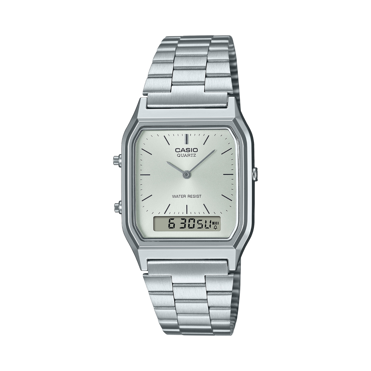 Silver Casio watch with digital display on a white background