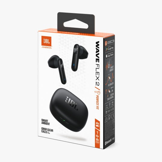 JBL Wave Flex 2 wireless earbuds packaging on a white background