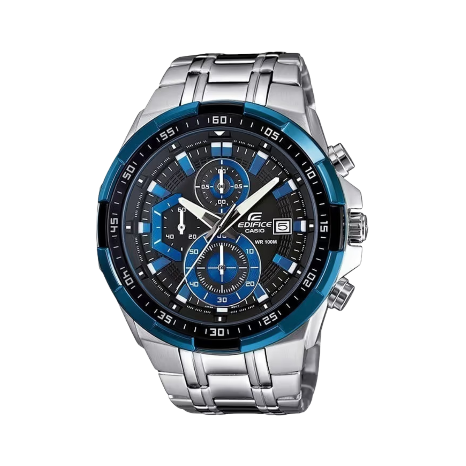 A Casio Edifice EF-539D-1A2VUDF watch with a stainless steel band, black and blue ion-plated case, and a tachymeter surface.