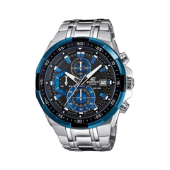 A Casio Edifice EF-539D-1A2VUDF watch with a stainless steel band, black and blue ion-plated case, and a tachymeter surface.