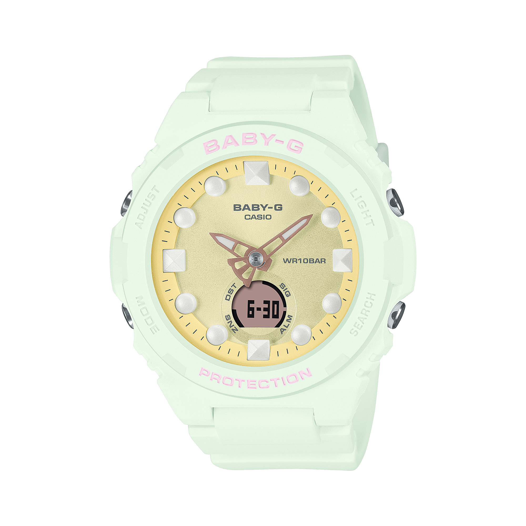 A Casio G-Shock BGA-320FH-3ADR watch with a light green resin band and case, featuring a gold-colored dial and white LED accents.
