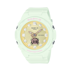 A Casio G-Shock BGA-320FH-3ADR watch with a light green resin band and case, featuring a gold-colored dial and white LED accents.