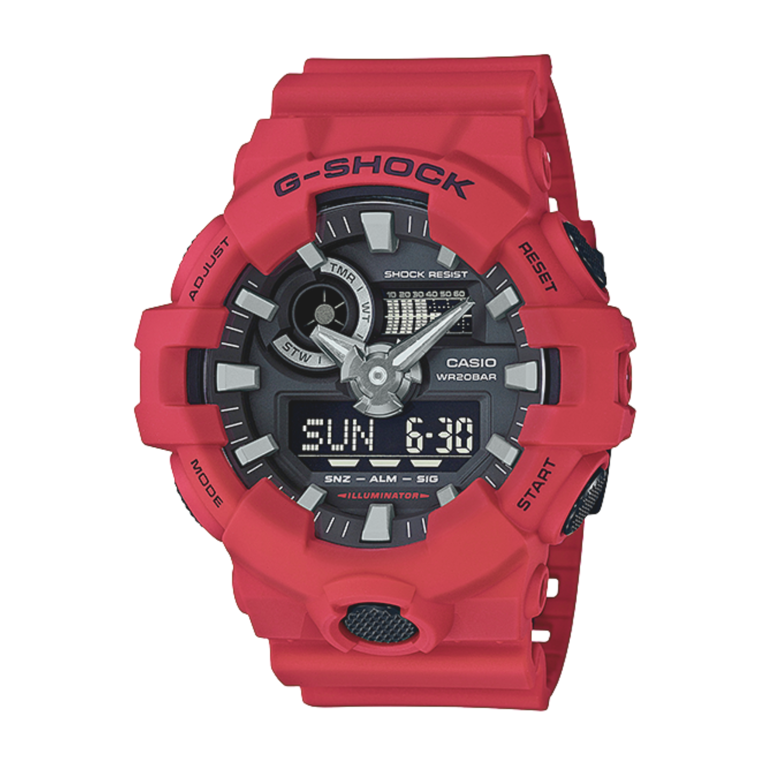 A red CASIO G-SHOCK analog-digital watch with a black dial, digital display, and resin band.
