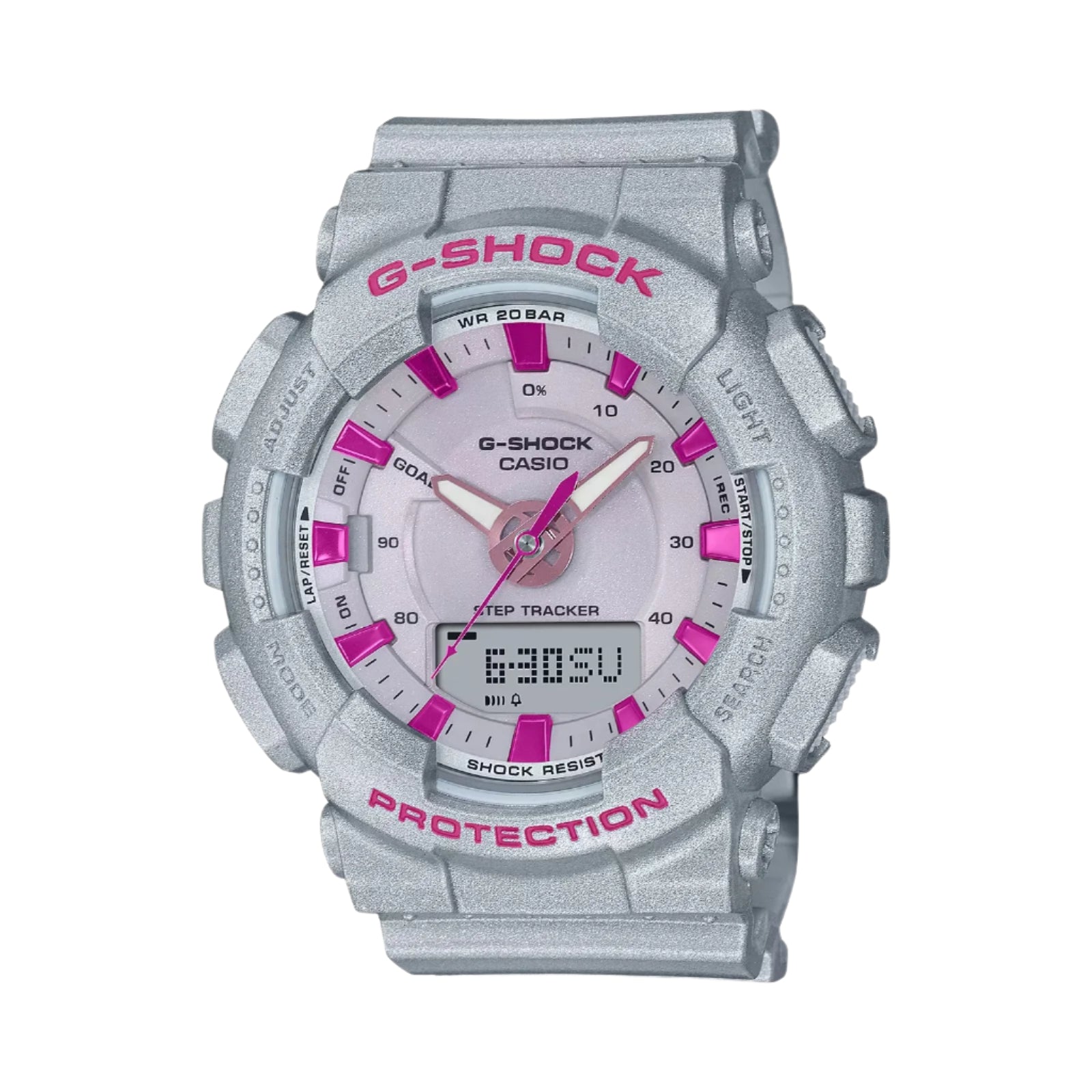 A Casio G-Shock watch with a gray band and casing, featuring a pink dial and pink accents.