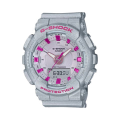 A Casio G-Shock watch with a gray band and casing, featuring a pink dial and pink accents.