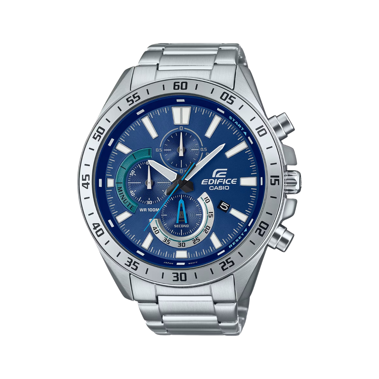 A Casio Edifice EFV-620D-2AVUDF watch with a blue dial, stainless steel band, and silver case.
