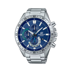 A Casio Edifice EFV-620D-2AVUDF watch with a blue dial, stainless steel band, and silver case.