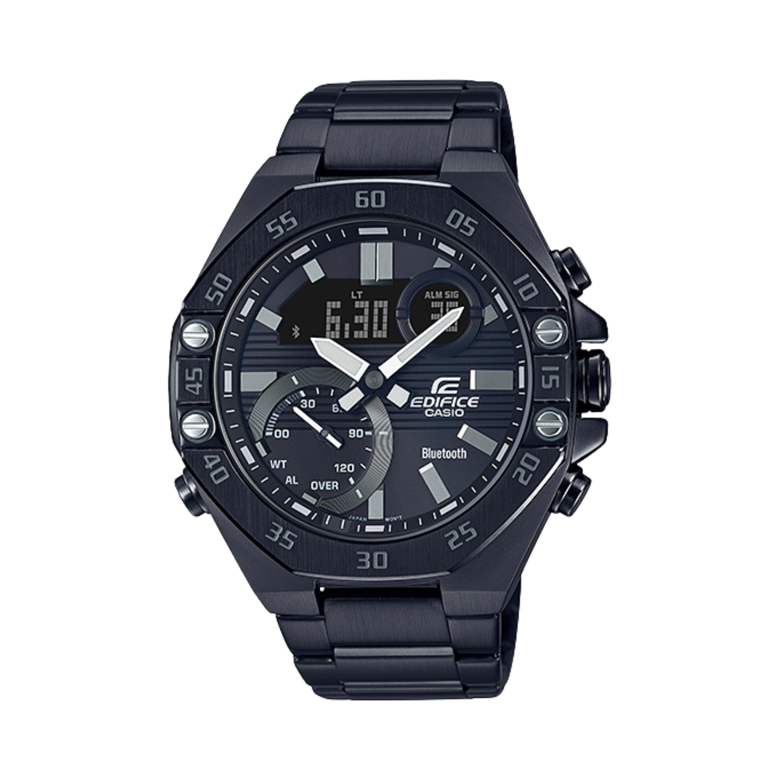 A black CASIO EDIFICE analog-digital watch with a black band and casing, displaying a digital screen and traditional watch hands.