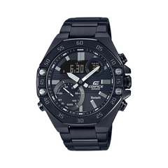 A black CASIO EDIFICE analog-digital watch with a black band and casing, displaying a digital screen and traditional watch hands.