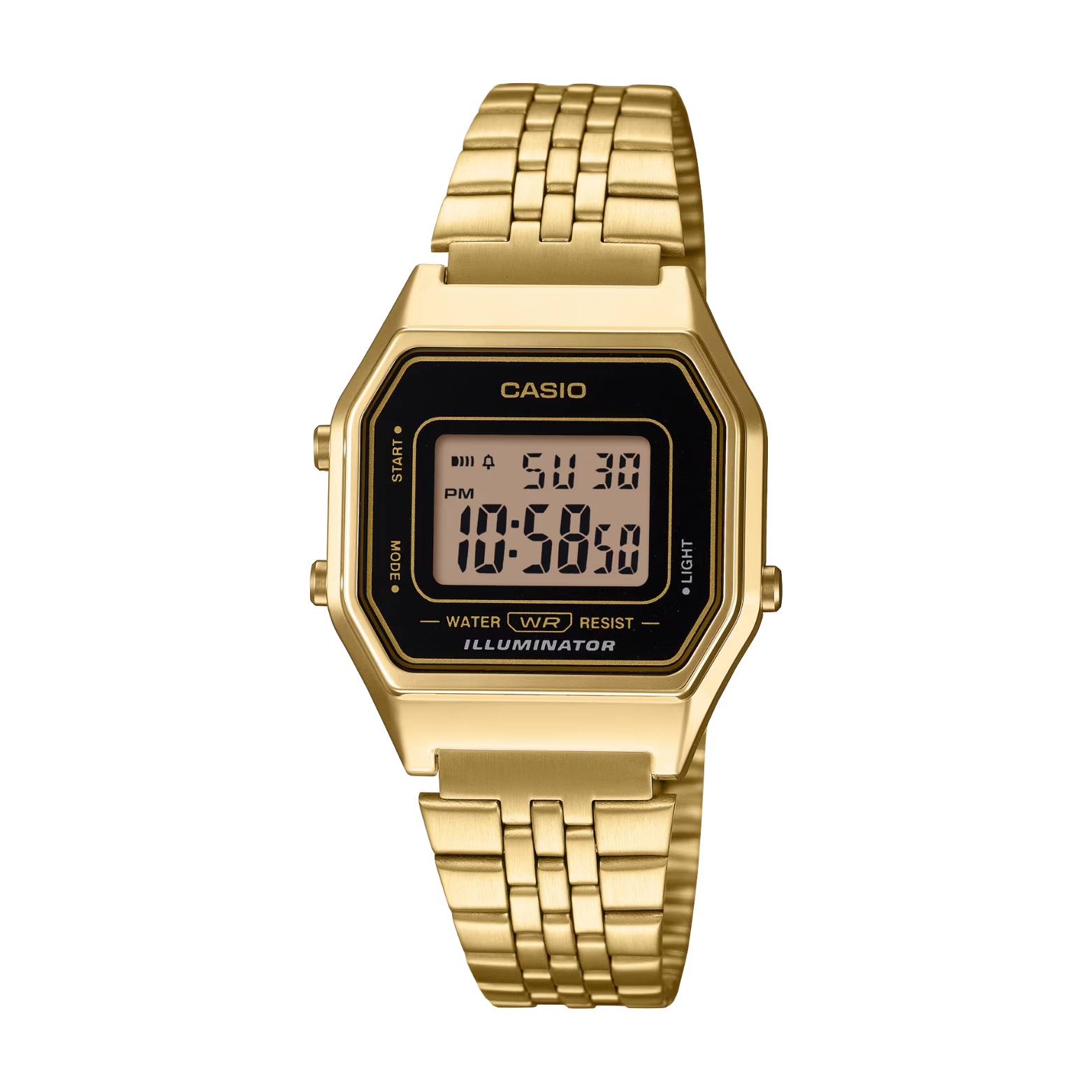 Gold Casio digital watch on a white background