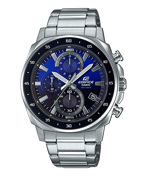 A Casio Edifice EFV-600D-2AVUDF watch with a stainless steel band and a blue dial with green accents, along with a date display.