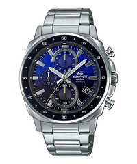 A Casio Edifice EFV-600D-2AVUDF watch with a stainless steel band and a blue dial with green accents, along with a date display.