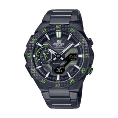 Casio Edifice watch with black strap and green accents on a white background