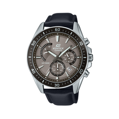 A Casio Edifice analog watch with a black leather band, silver stainless steel case, and a gray dial with stopwatch features.