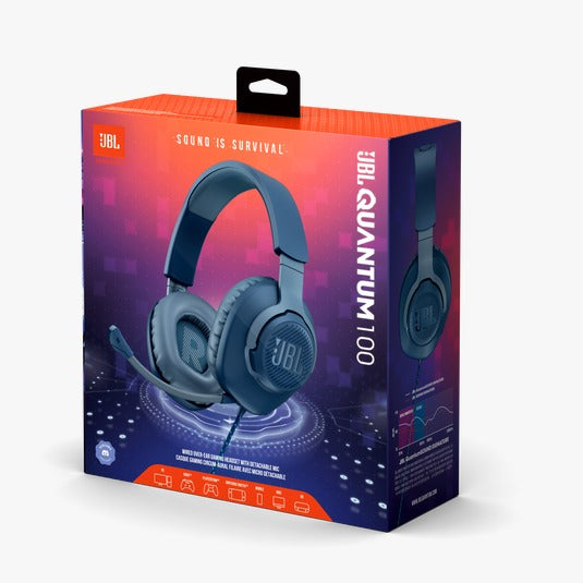Boxed JBL Quantum 100 wired over-ear gaming headset with a detachable mic, displayed against a multicolored background.