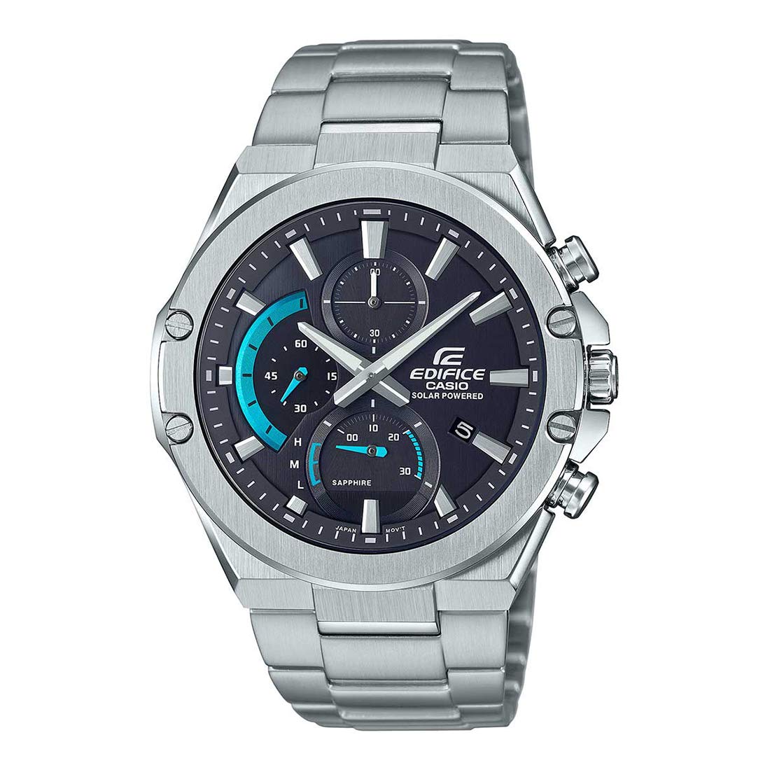 A Casio Edifice EFS-S560D-1A watch with a stainless steel band and a dark dial with blue accents and multiple sub-dials.