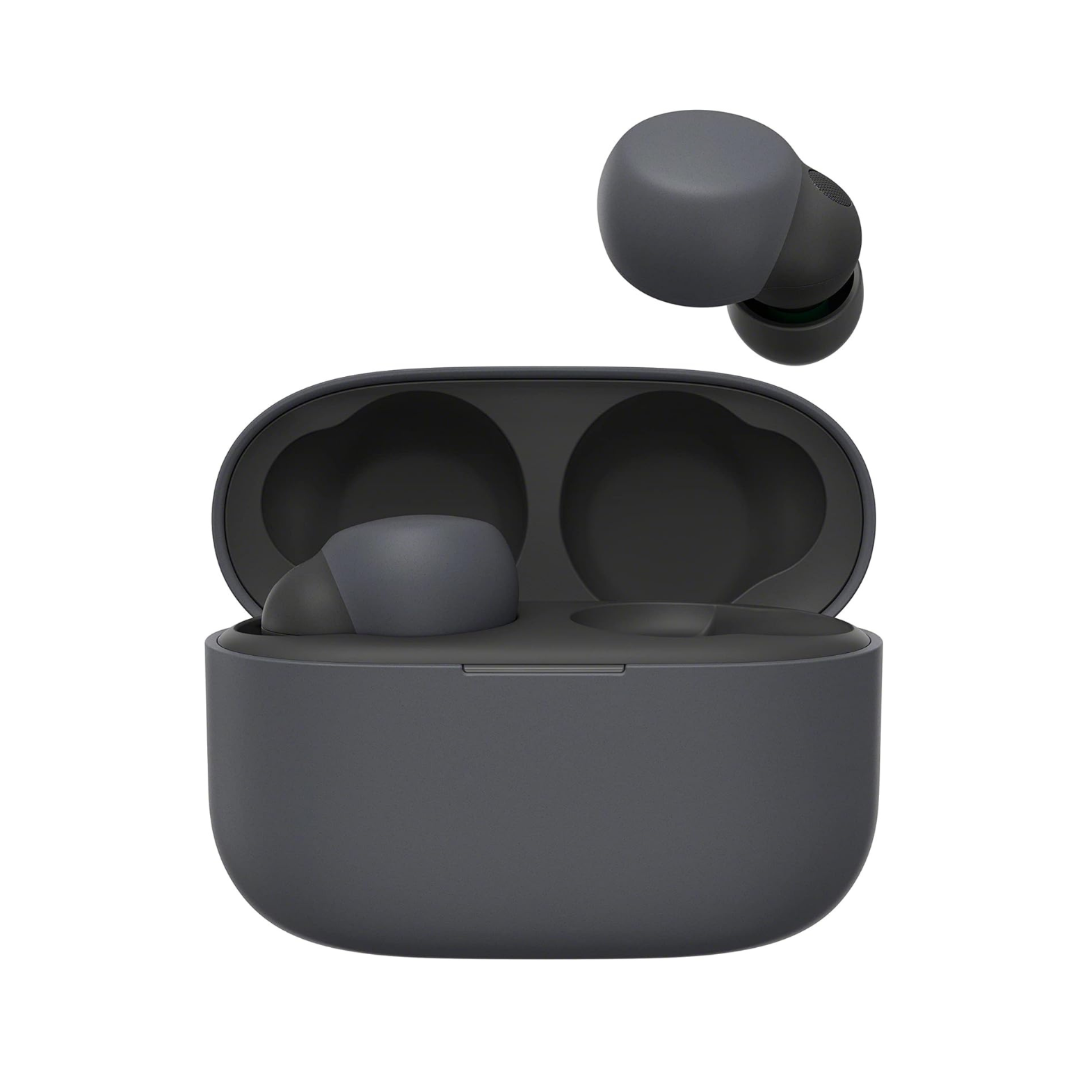 Black wireless earbuds with charging case on a white background