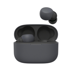 Black wireless earbuds with charging case on a white background