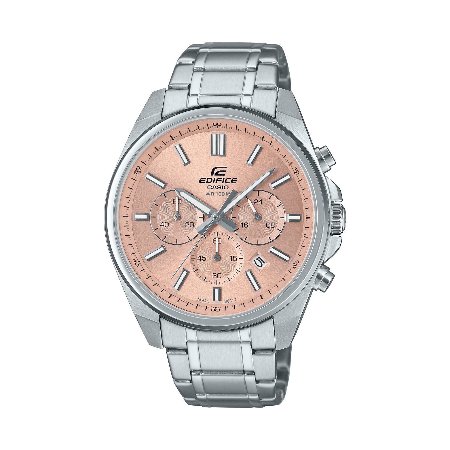 Silver Edifice watch with a pink face on a white background