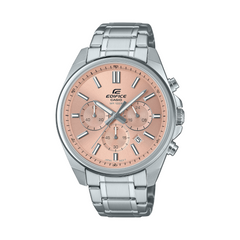 Silver Edifice watch with a pink face on a white background