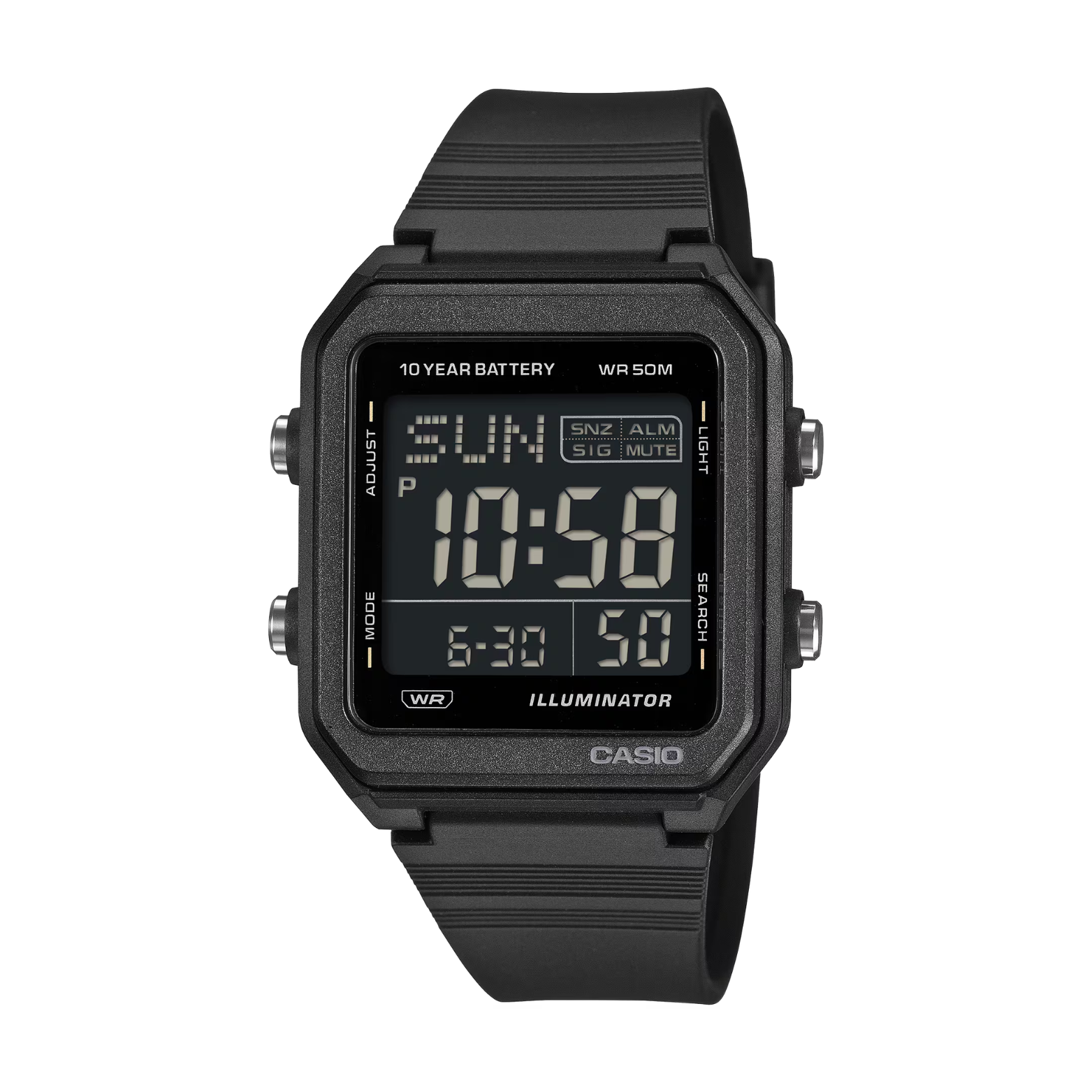 Black Casio digital watch on a white background