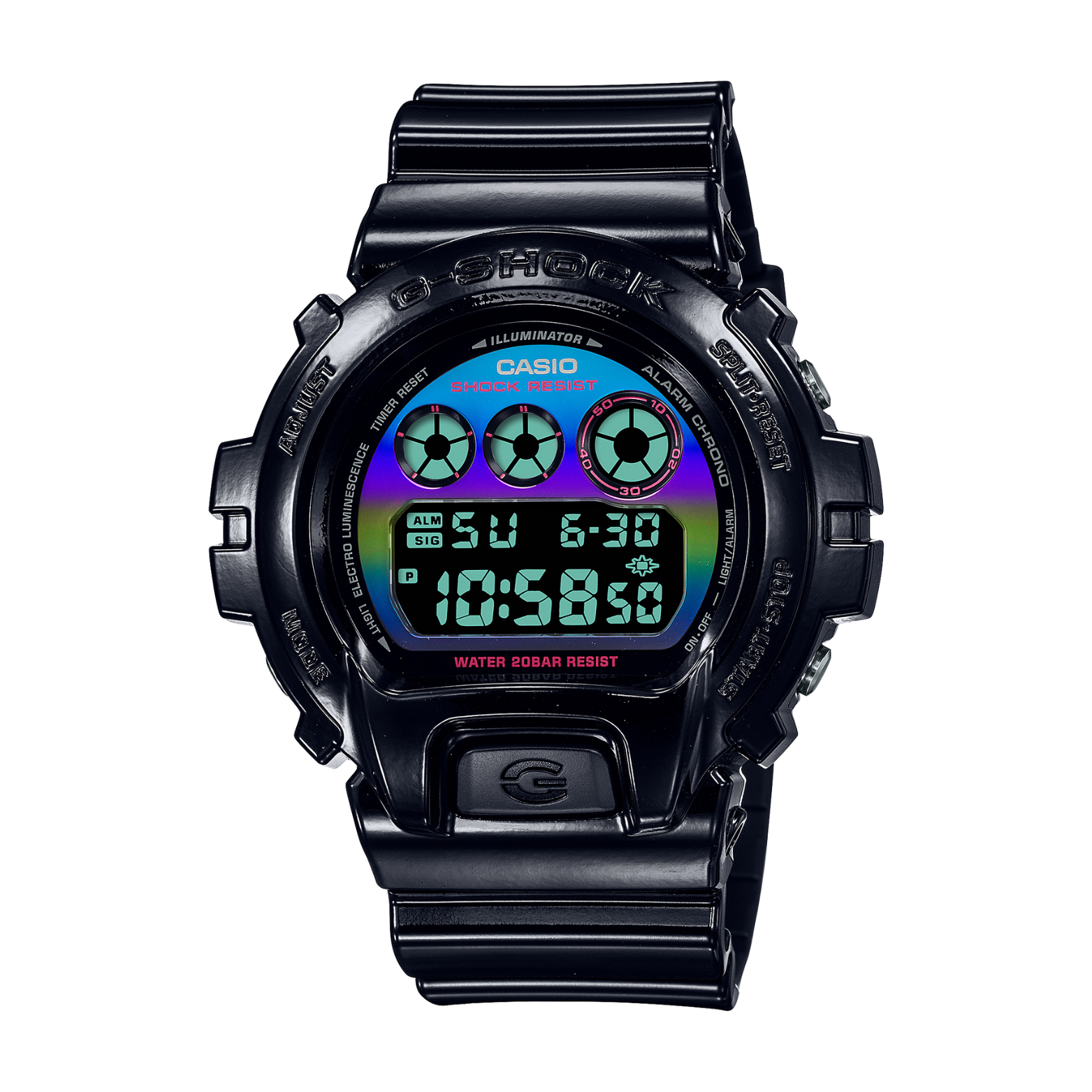 A black CASIO G-SHOCK DW-6900RGB-1DR watch with a digital display showing time, date, and various watch features.