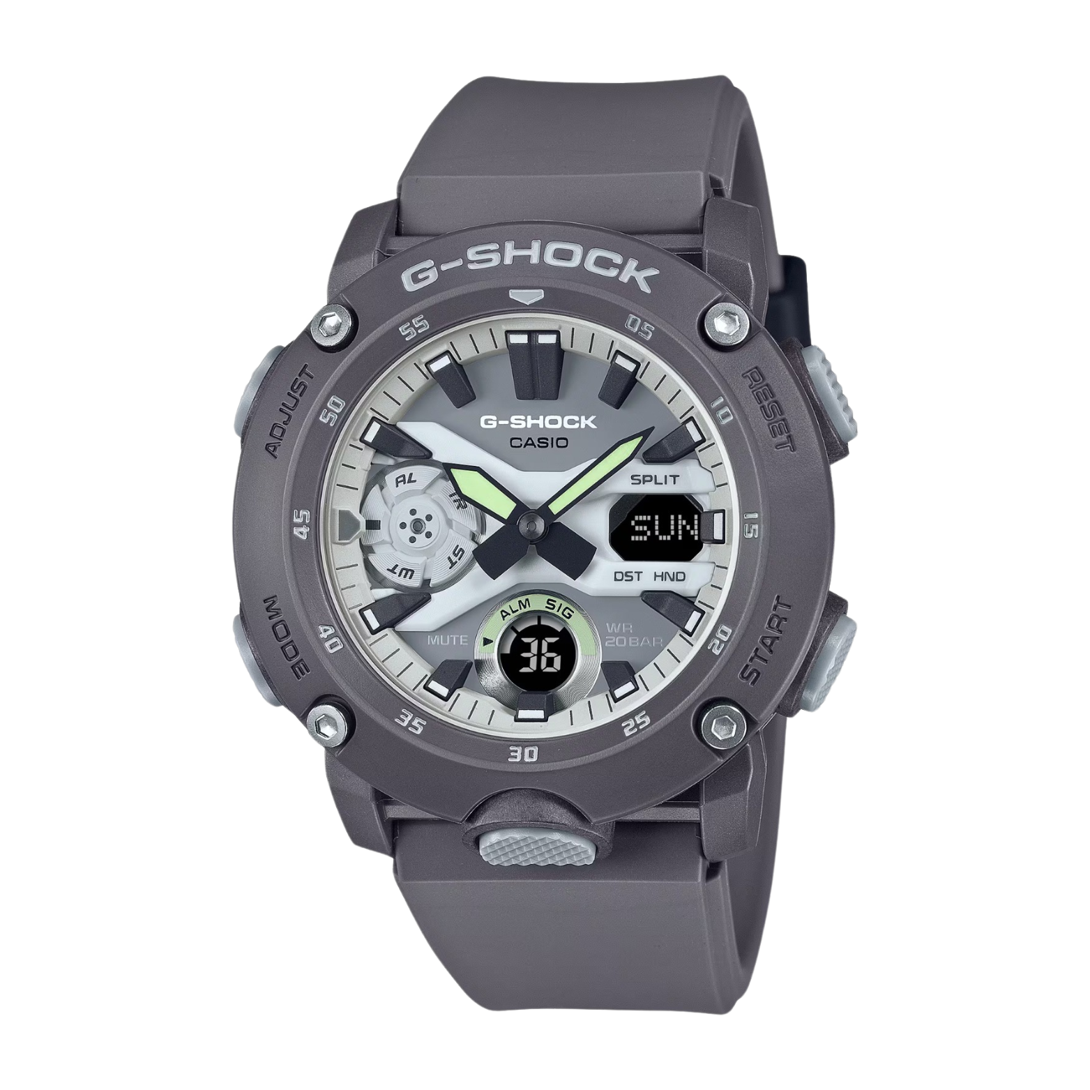 A Casio G-Shock watch with a gray band and casing, digital display, and multiple watch features visible.