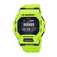A green CASIO G-SHOCK GBD-200-9DR digital watch with a resin band and a bright neon green case, displaying time and various watch features on its LCD screen.