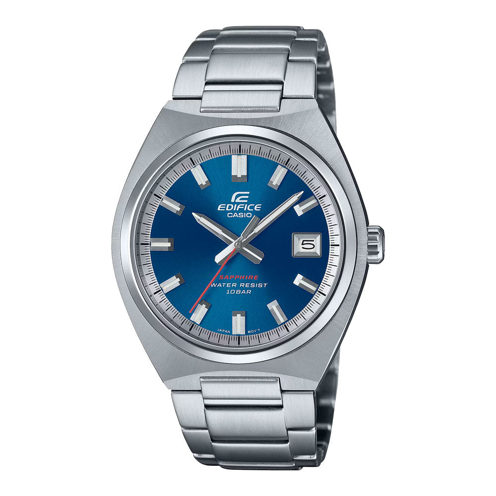 A Casio Edifice EFB-109D-2AVDF watch with a stainless steel band and a blue dial, showcasing the analog watch face and the Casio logo.