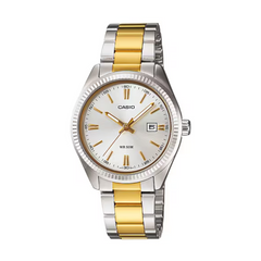 Casio watch with two-tone silver and gold bracelet on a white background
