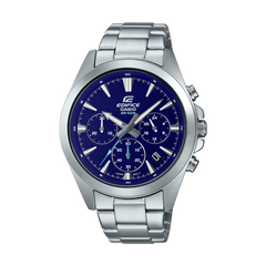 Silver Casio watch with blue face on a white background
