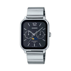A Casio analog watch with a stainless steel band and case, featuring a black dial with moon phase and date displays.