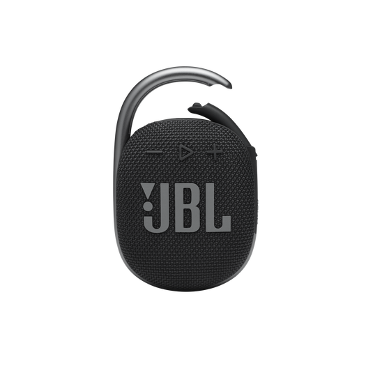 A black JBL Clip 4 wireless portable Bluetooth speaker with a carabiner attached.