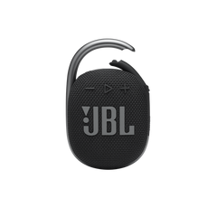 A black JBL Clip 4 wireless portable Bluetooth speaker with a carabiner attached.