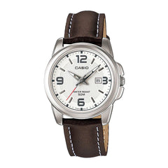 Casio watch with brown leather strap on a white background