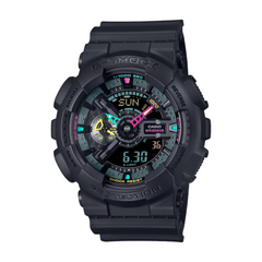 A black CASIO G-SHOCK analog-digital watch with a resin band and a multicolored dial featuring multiple watch features.