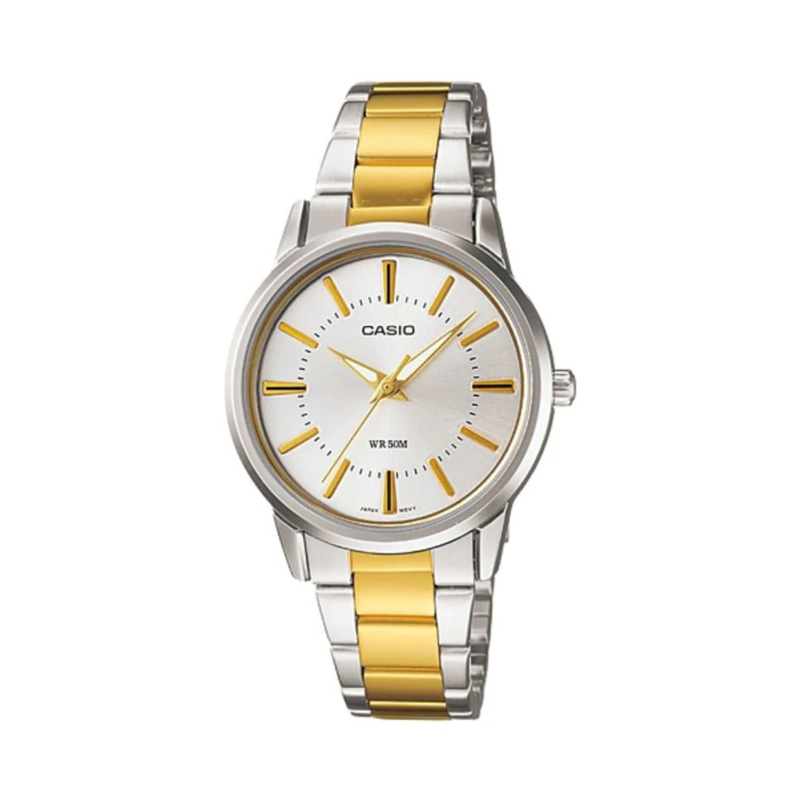Casio watch with silver and gold two-tone band on a white background