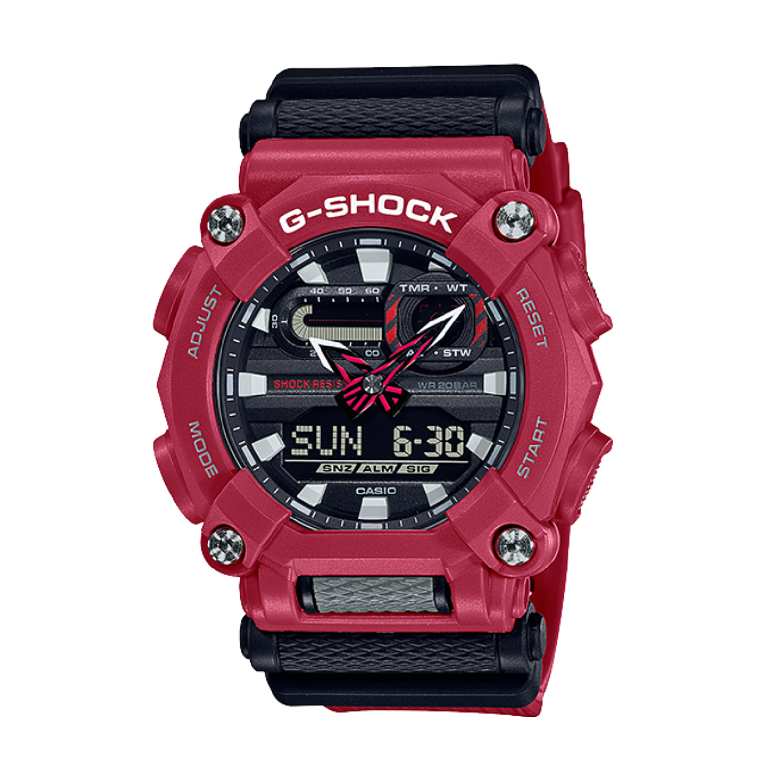 A red and black CASIO G-SHOCK GA-900-4ADR digital analog watch with a resin band and a digital display showing the time.