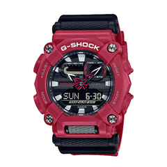 A red and black CASIO G-SHOCK GA-900-4ADR digital analog watch with a resin band and a digital display showing the time.