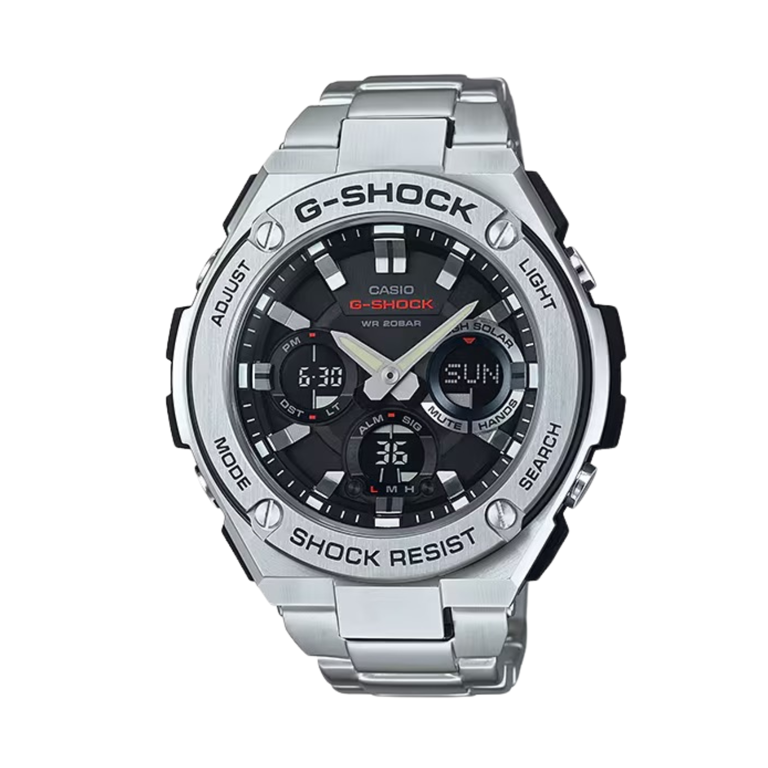 A CASIO G-SHOCK watch with a silver stainless steel band and casing, black dial, and digital display.